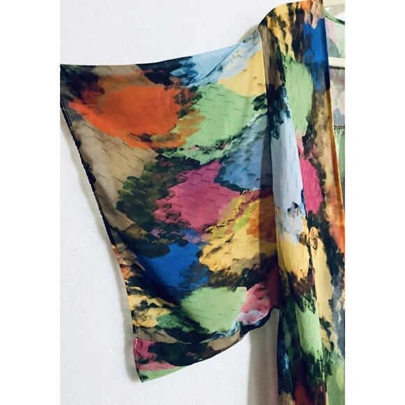 Judith March Womens Medium Kimono Top Fringe Trim Watercolor Print Sheer Boho - Picture 3 of 8